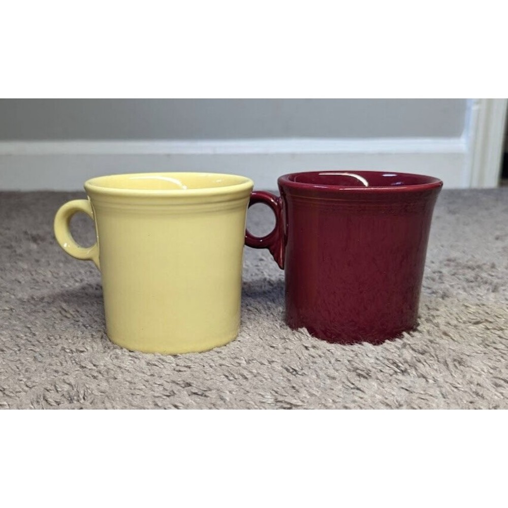 Fiesta Ware Mug Set Homer Laughlin Ring Handle Maroon Red Sunflower Yellow